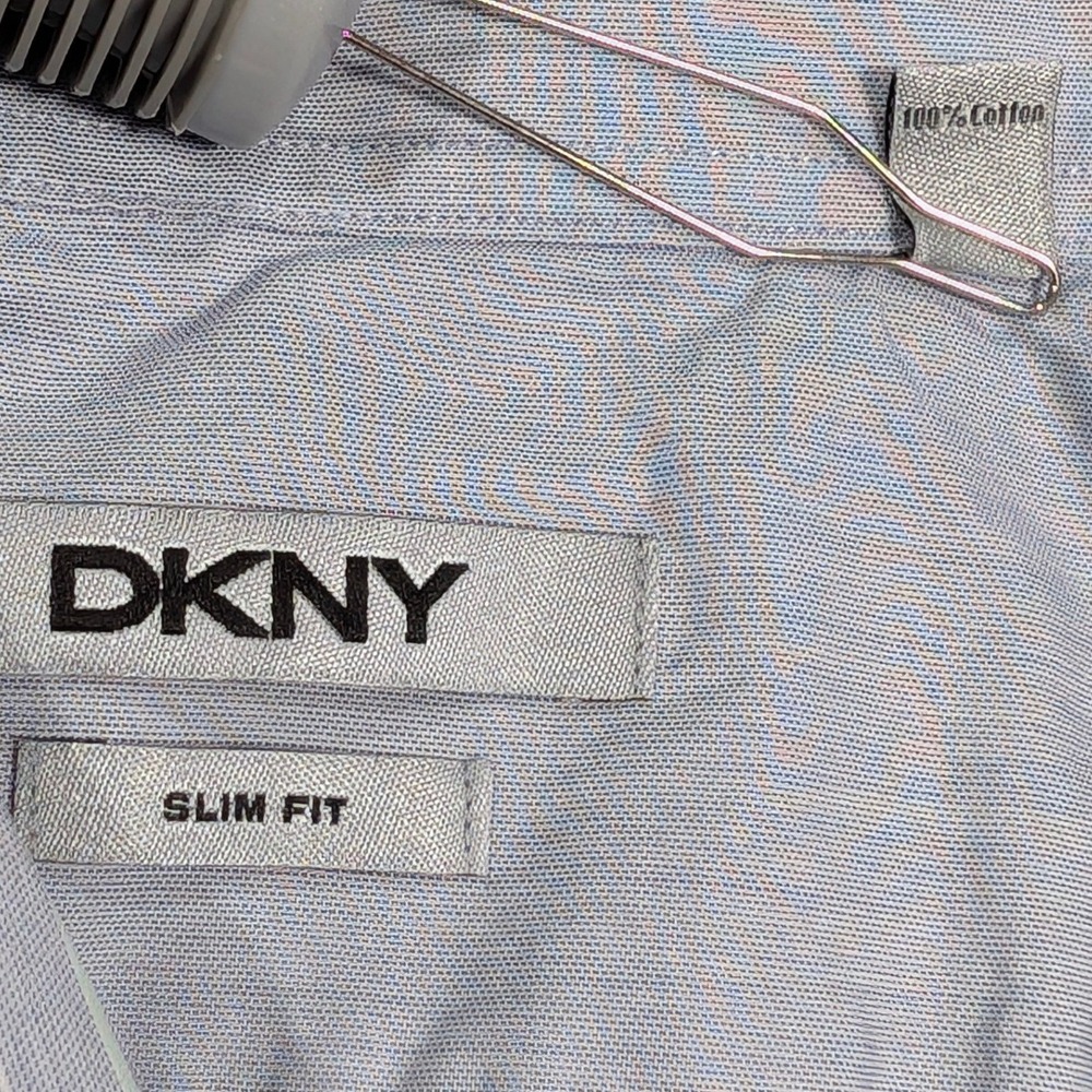 DKNY Mens Slim Fit Striped Dress Shirt Blue Green White Striped 15‎ 34/35 Cotton - Picture 5 of 8